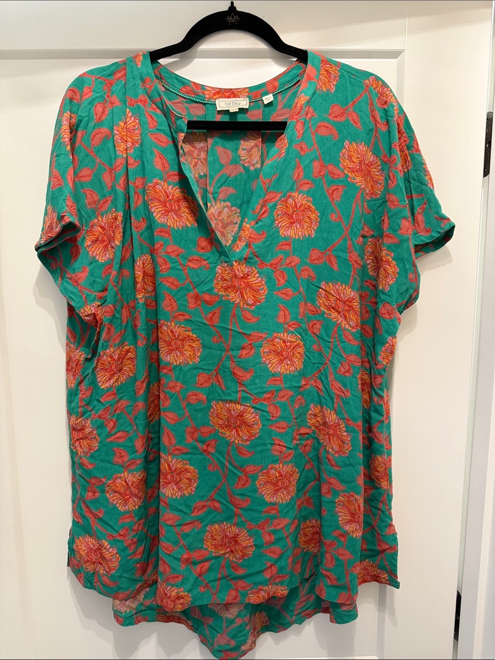 Fat Face Teal Floral V-Neck Short Sleeve Tunic